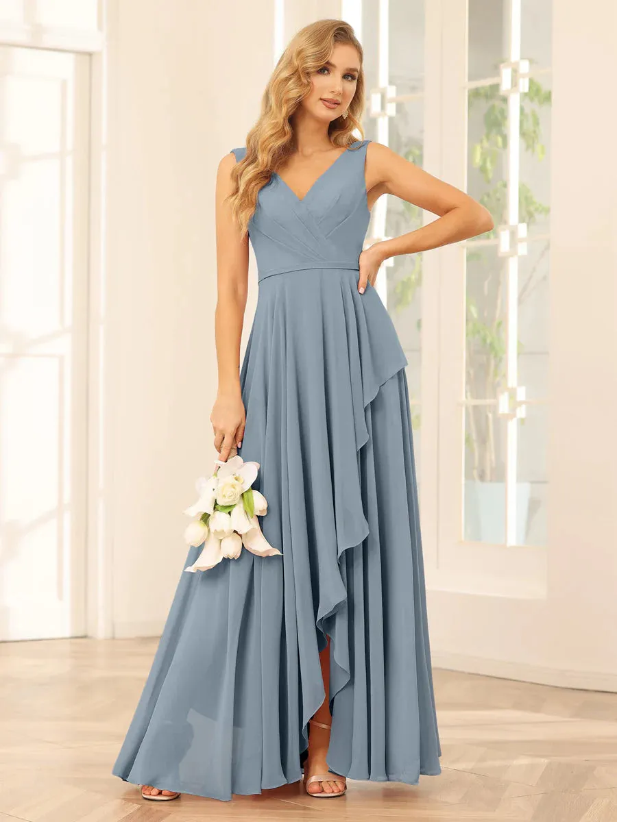 A-Line/Princess V-Neck Asymmetrical Bridesmaid Dresses With Ruffles