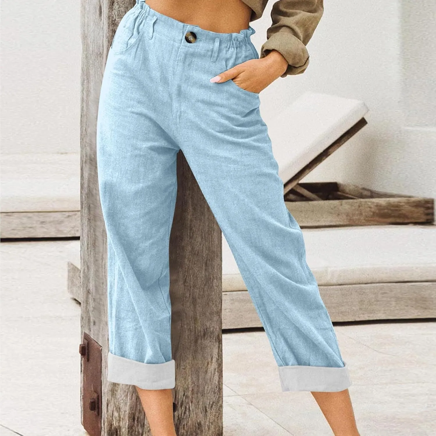 ADHOWBEW Capri Pants for Women Straight Leg Vacation Elastic Waist Comfy Casual Dressy Relaxed Fit Pants
