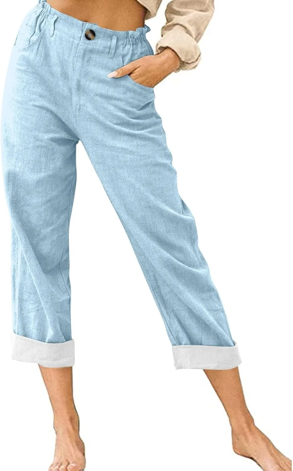 ADHOWBEW Capri Pants for Women Straight Leg Vacation Elastic Waist Comfy Casual Dressy Relaxed Fit Pants