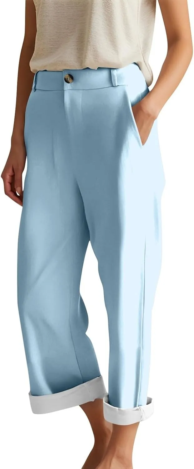 ADHOWBEW Capri Pants for Women Straight Leg Vacation Elastic Waist Comfy Casual Dressy Relaxed Fit Pants
