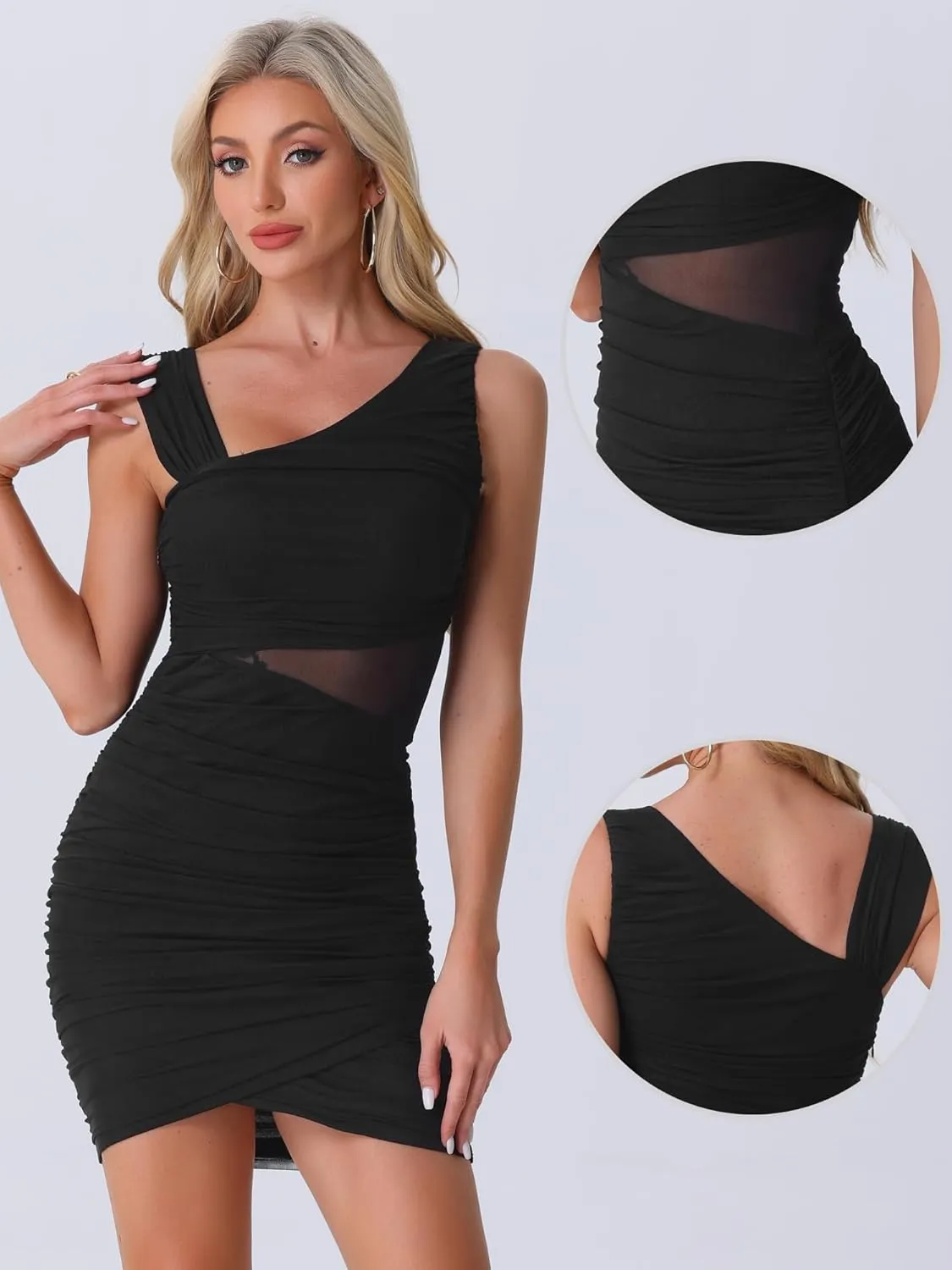 Allegra K Sleeveless Party Dress for Women's Asymmetrical Neck Ruched Mini Dresses