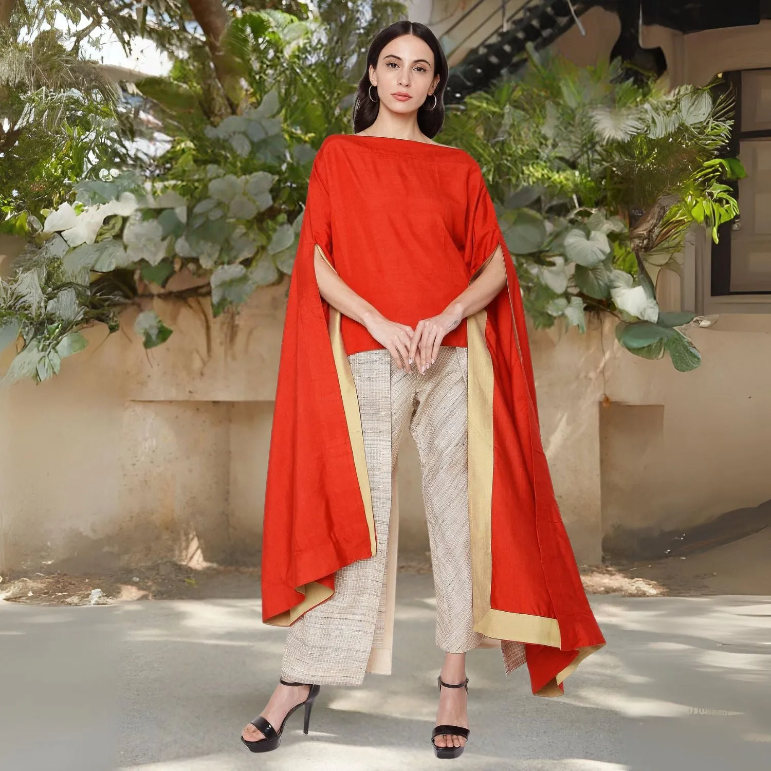 Amey Tussar Ghicha Flap Pant for Women | Checkered | Relaxed Fit | Beige