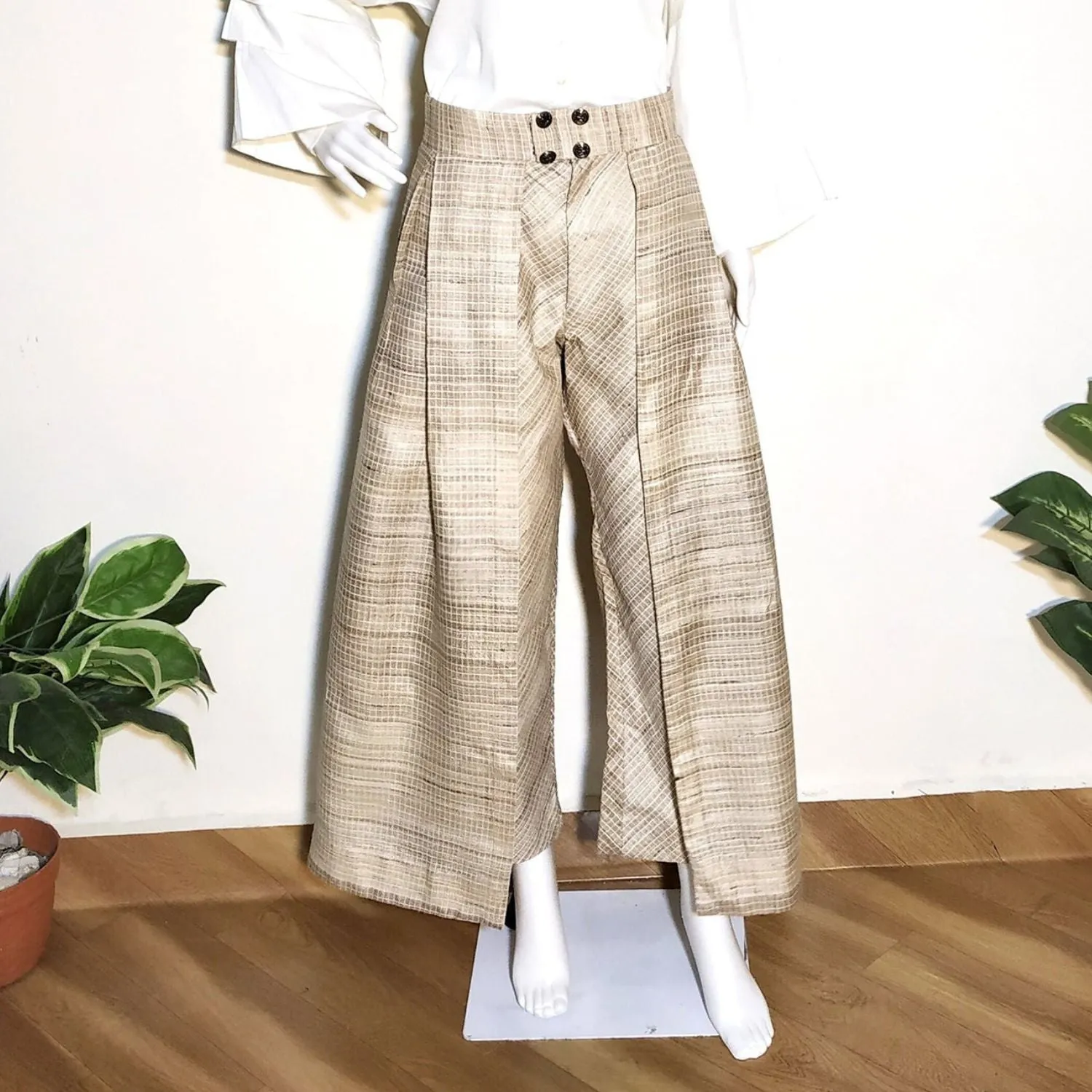 Amey Tussar Ghicha Flap Pant for Women | Checkered | Relaxed Fit | Beige