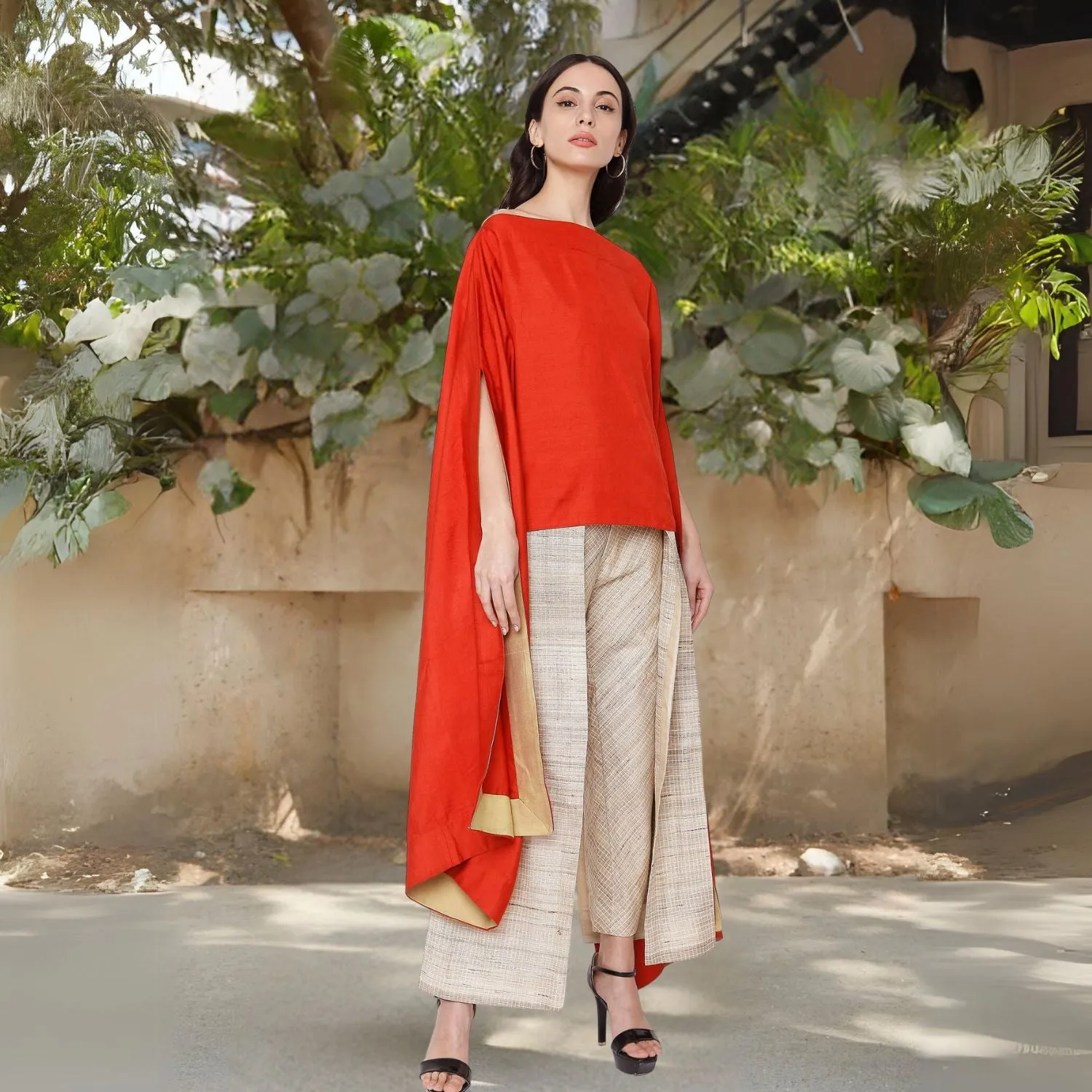 Amey Tussar Ghicha Flap Pant for Women | Checkered | Relaxed Fit | Beige