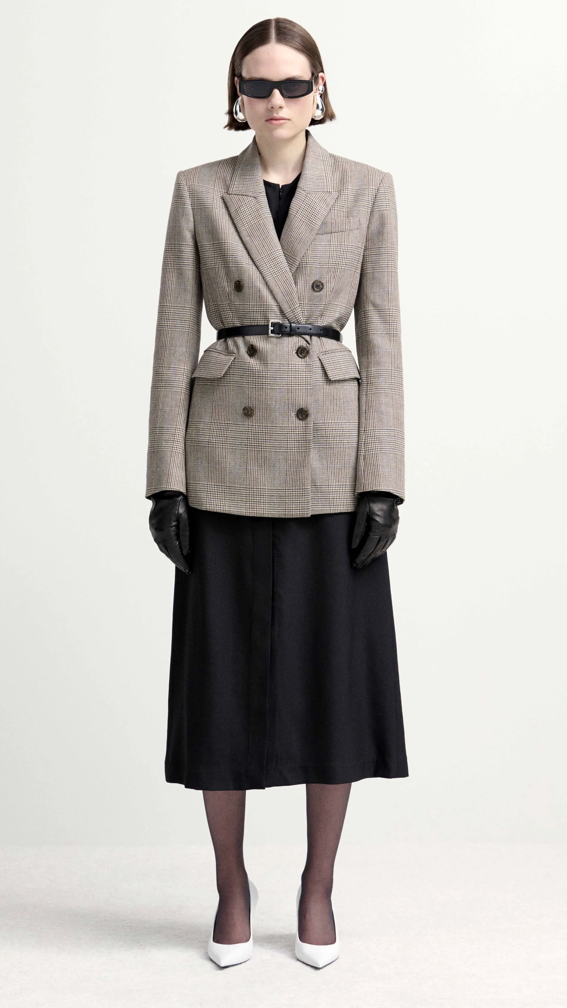 Belted Double-Breasted Blazer in Wool | Plaid Houndstooth