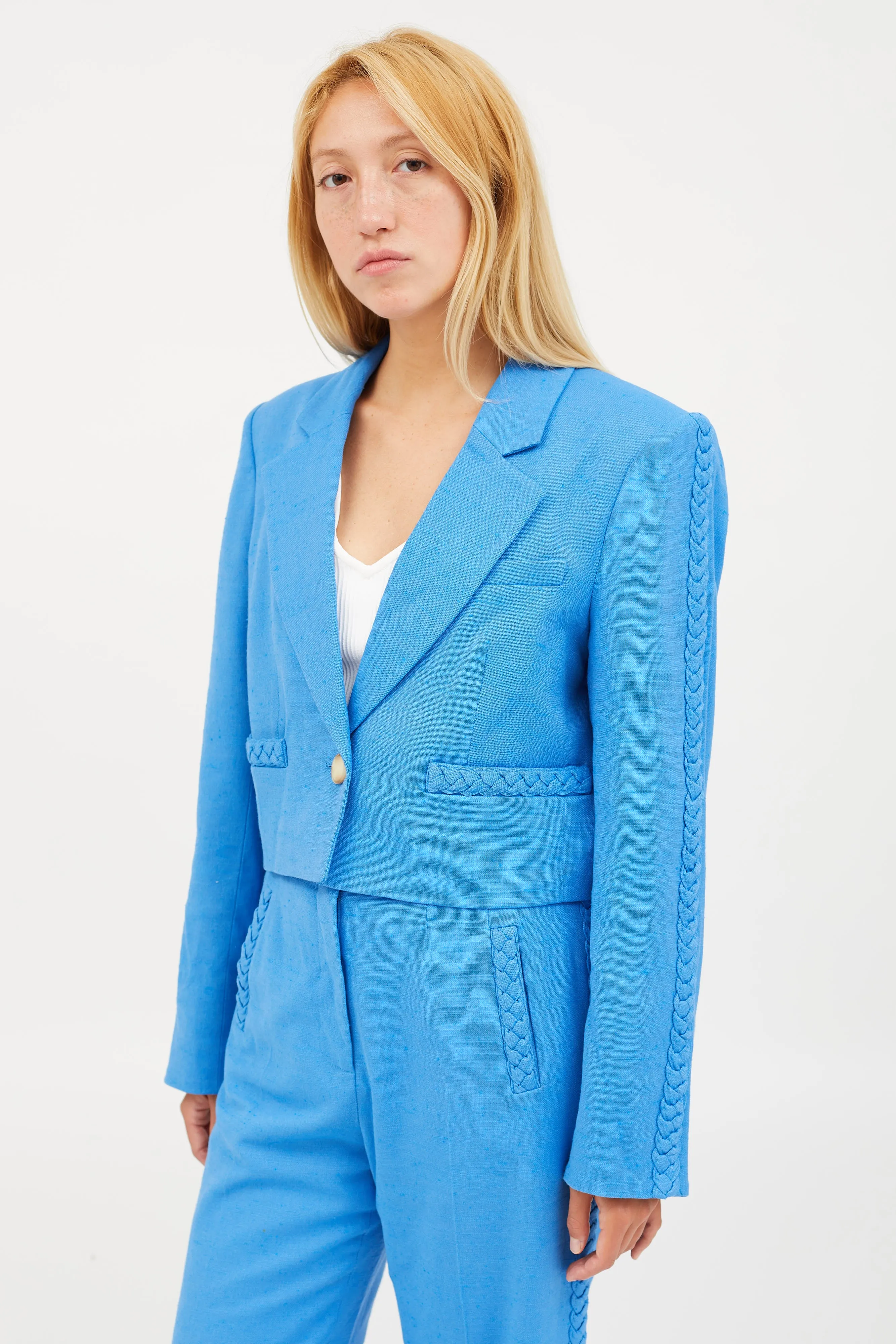 Blue Cotton Braided Cropped Blazer