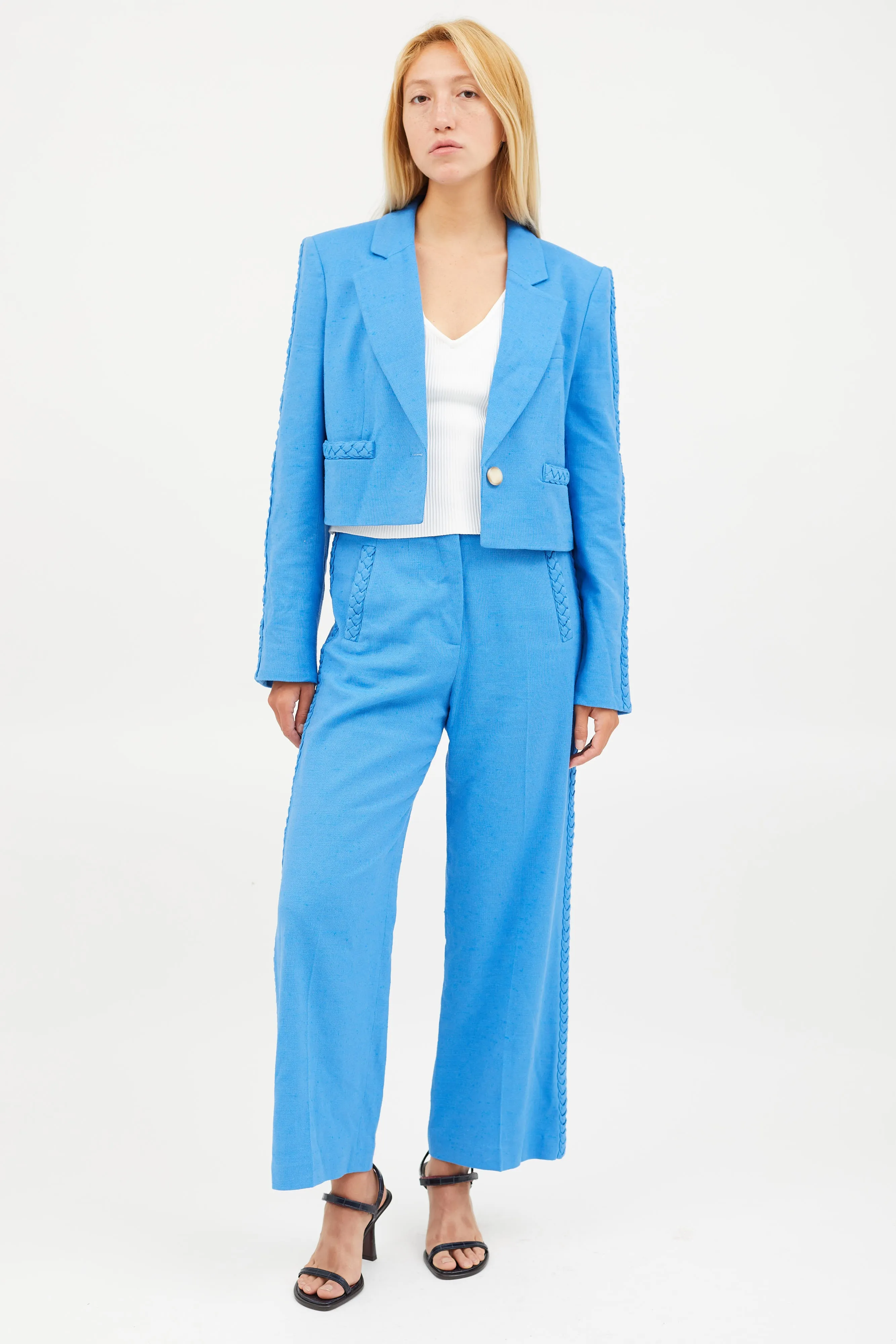 Blue Cotton Braided Cropped Blazer