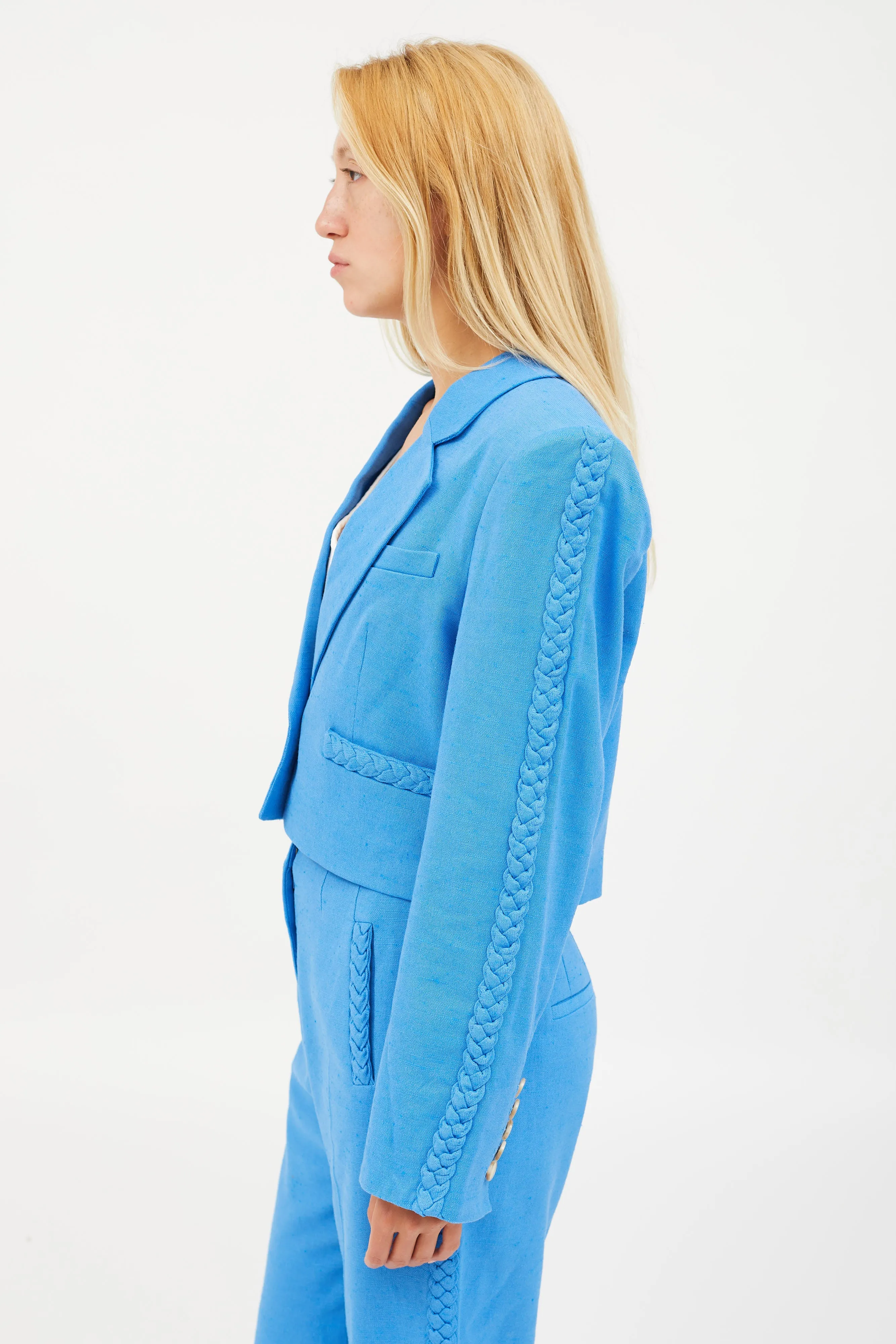Blue Cotton Braided Cropped Blazer
