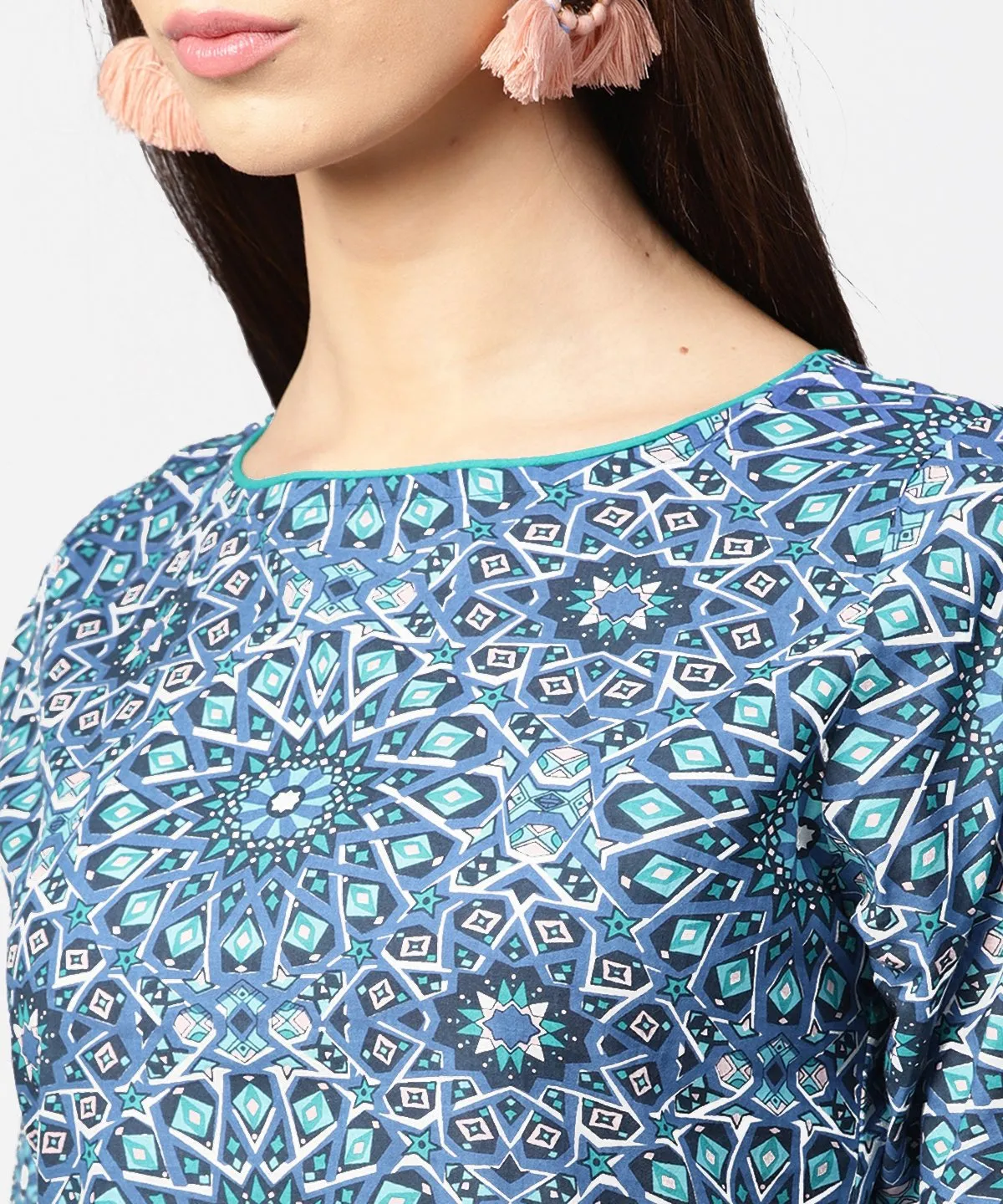 Blue printed half sleeve cotton crop tops
