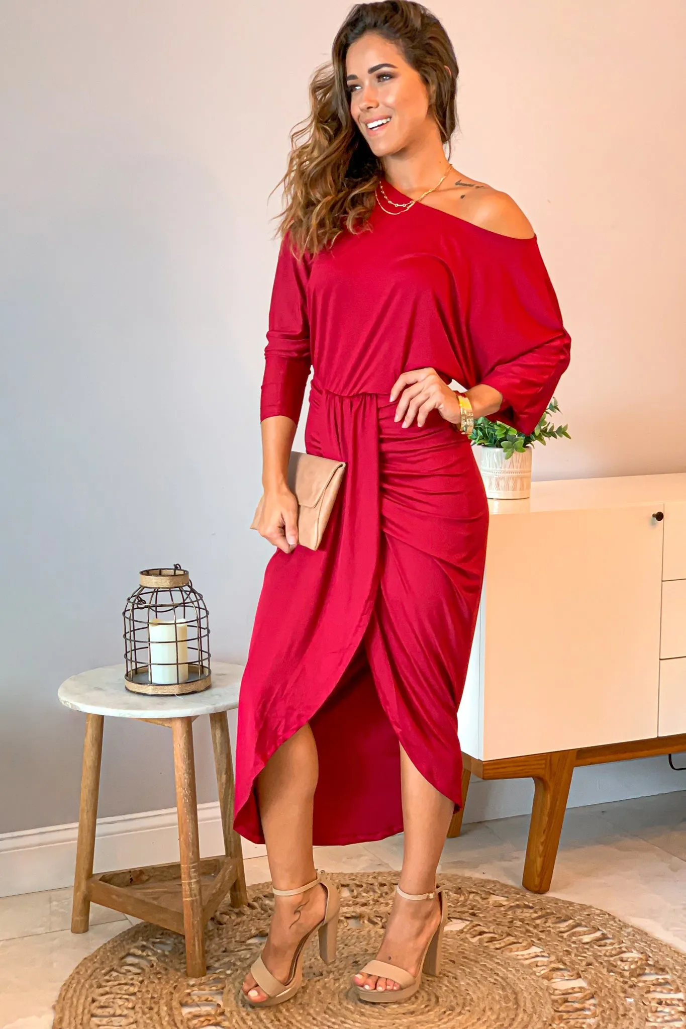 Burgundy One Shoulder Ruched Dress