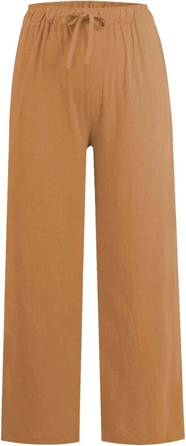 Casual Pants for Women Summer Solid Color Drawstring Elastic Waist Straight Leg Relaxed Comfy Long Trouser