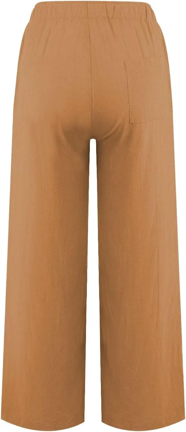 Casual Pants for Women Summer Solid Color Drawstring Elastic Waist Straight Leg Relaxed Comfy Long Trouser