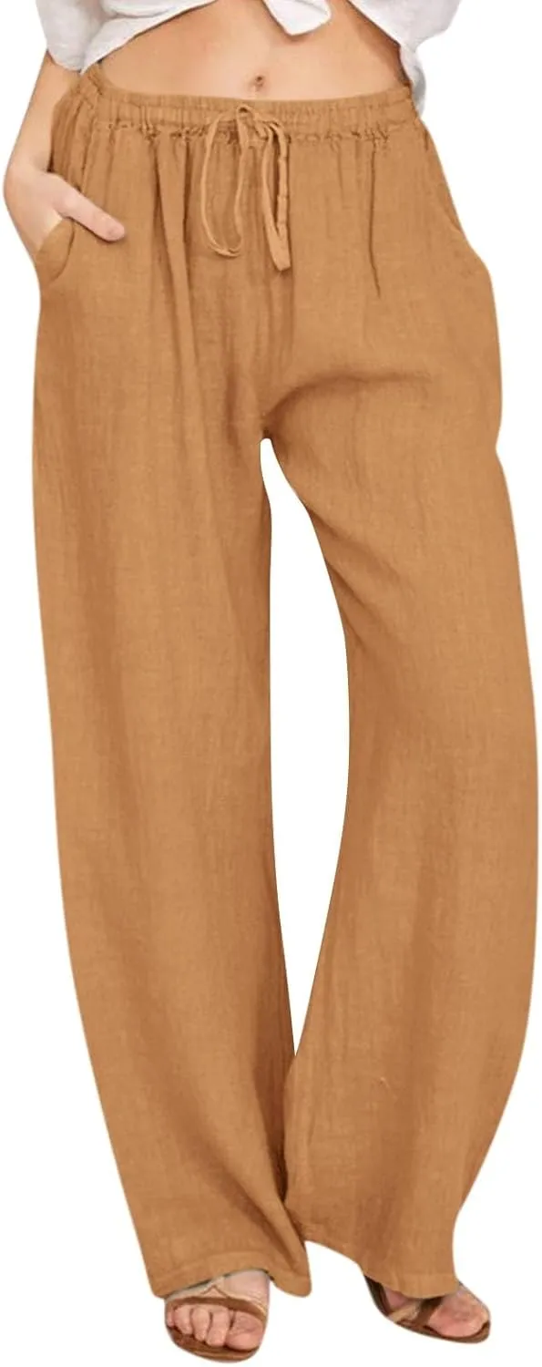 Casual Pants for Women Summer Solid Color Drawstring Elastic Waist Straight Leg Relaxed Comfy Long Trouser