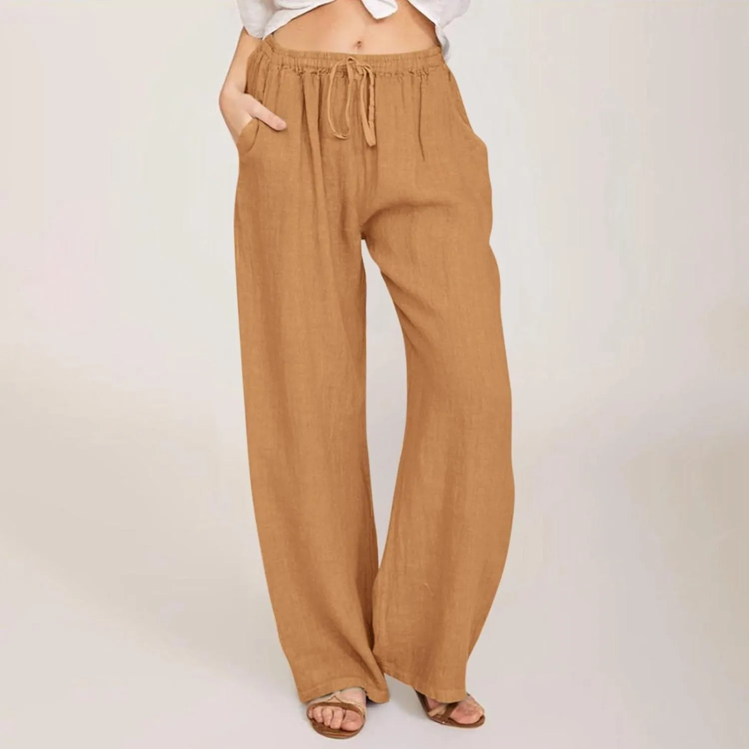 Casual Pants for Women Summer Solid Color Drawstring Elastic Waist Straight Leg Relaxed Comfy Long Trouser