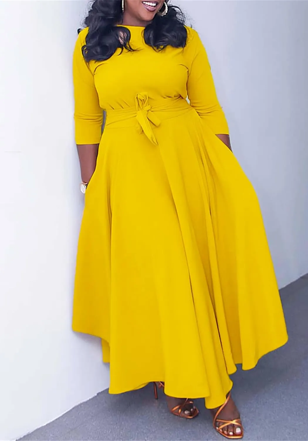 Casual Plus Size Maxi Dress for Women African Print Long Dress 3/4 Sleeve Flowy Ruffle Dress with Belt 2025 Fashion