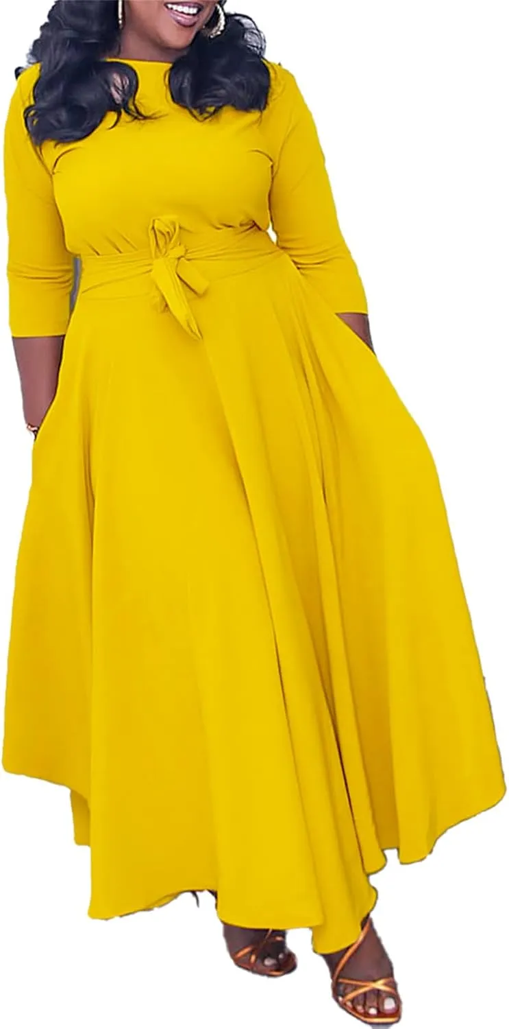 Casual Plus Size Maxi Dress for Women African Print Long Dress 3/4 Sleeve Flowy Ruffle Dress with Belt 2025 Fashion
