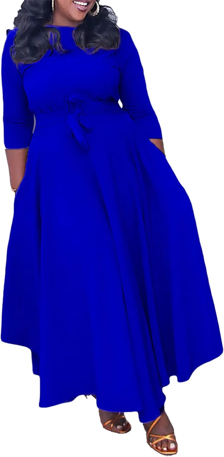 Casual Plus Size Maxi Dress for Women African Print Long Dress 3/4 Sleeve Flowy Ruffle Dress with Belt 2025 Fashion