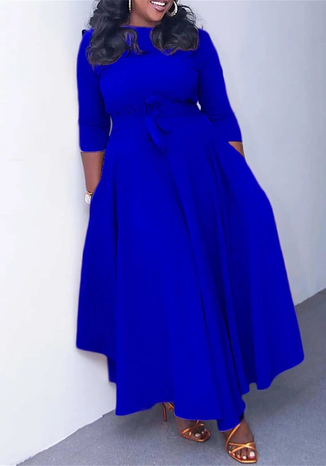 Casual Plus Size Maxi Dress for Women African Print Long Dress 3/4 Sleeve Flowy Ruffle Dress with Belt 2025 Fashion