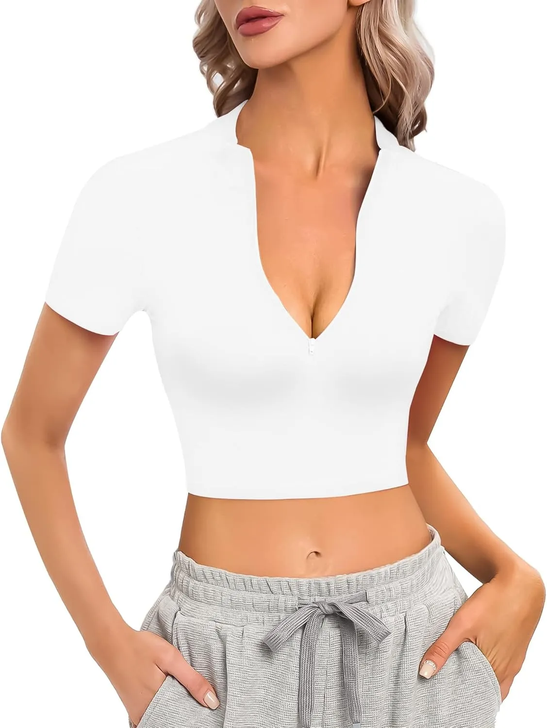 CLOZOZ Short Sleeve Crop Tops for Women V Neck Sexy Zip Up Crop Top Mock Turtleneck Tops Fitted Cropped Shirts