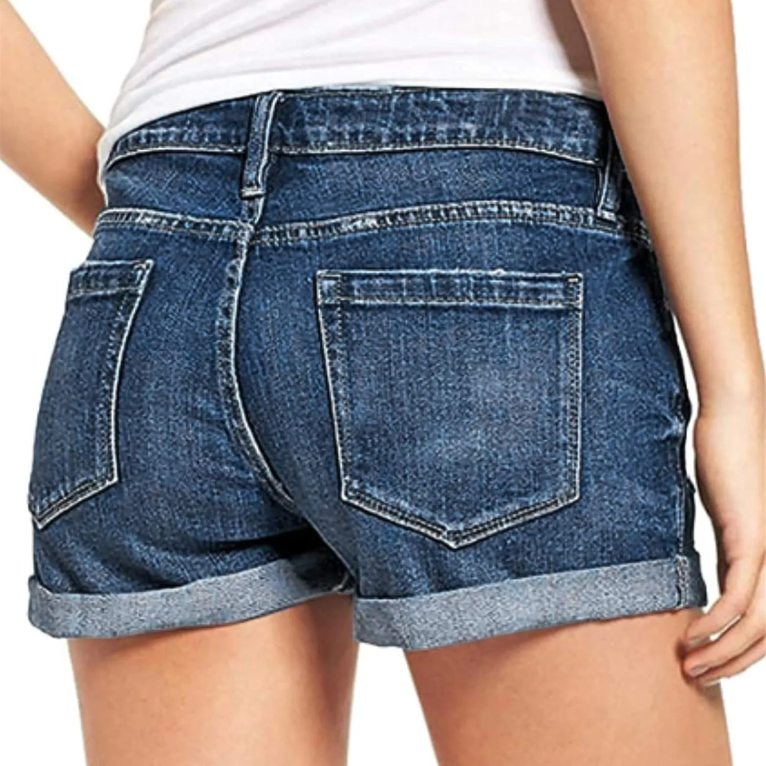 Denim Shorts for Women High Waisted Comfy Tights Elastic Button Casual with Folded Hem Jeans Shorts with Pockets