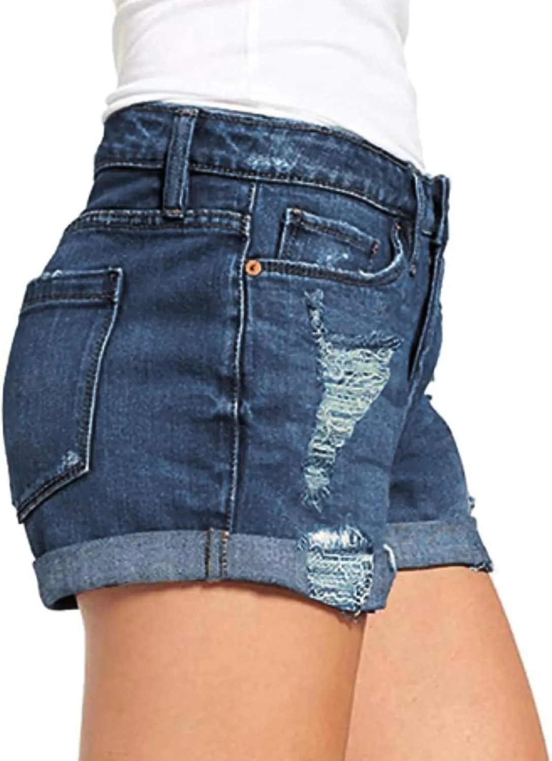 Denim Shorts for Women High Waisted Comfy Tights Elastic Button Casual with Folded Hem Jeans Shorts with Pockets