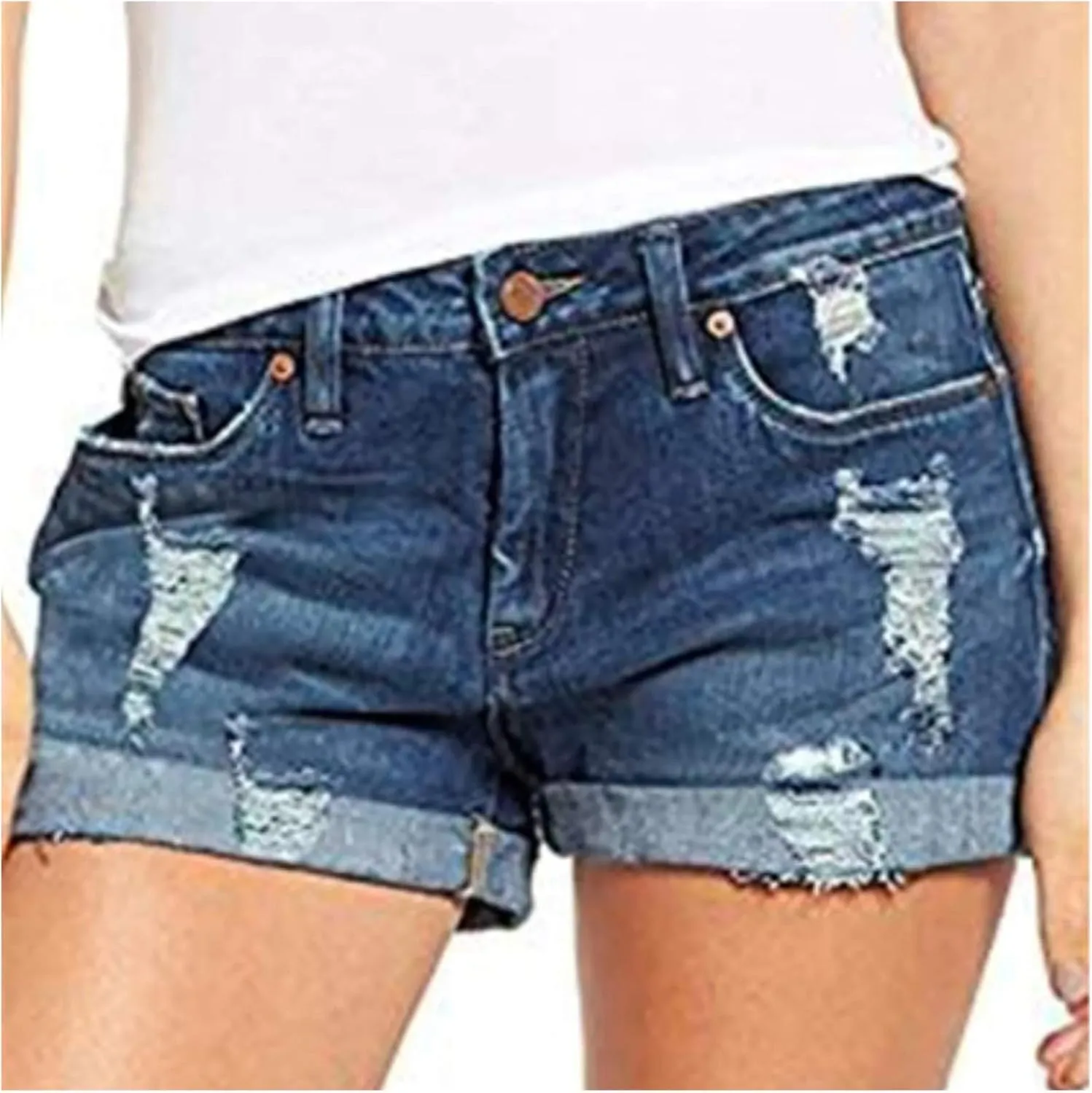 Denim Shorts for Women High Waisted Comfy Tights Elastic Button Casual with Folded Hem Jeans Shorts with Pockets