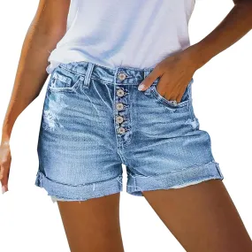 Denim Shorts for Women Petite High Waisted Stretch Button Jean Short Trendy Folded Hem Ripped Distressed Summer Pants