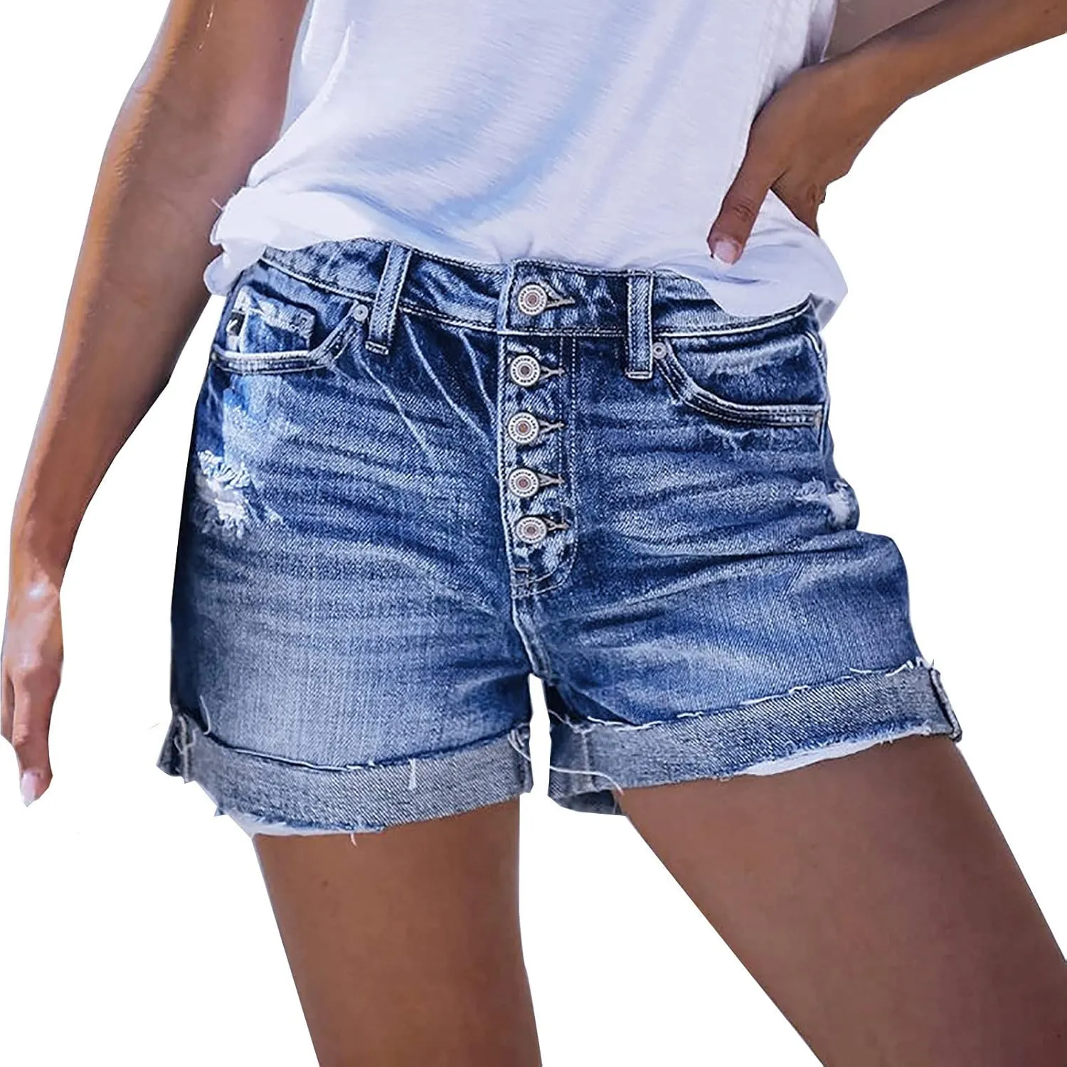 Denim Shorts for Women Petite High Waisted Stretch Button Jean Short Trendy Folded Hem Ripped Distressed Summer Pants