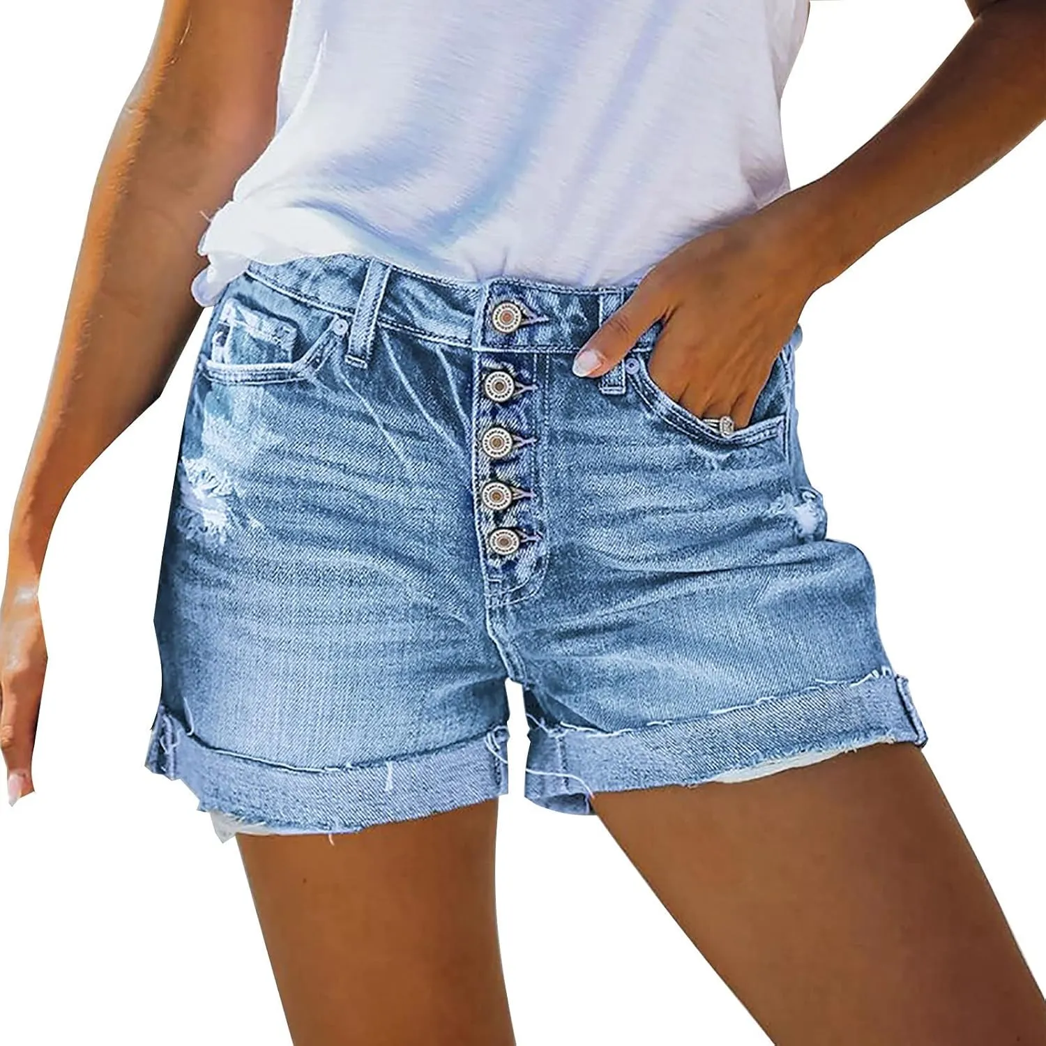 Denim Shorts for Women Petite High Waisted Stretch Button Jean Short Trendy Folded Hem Ripped Distressed Summer Pants
