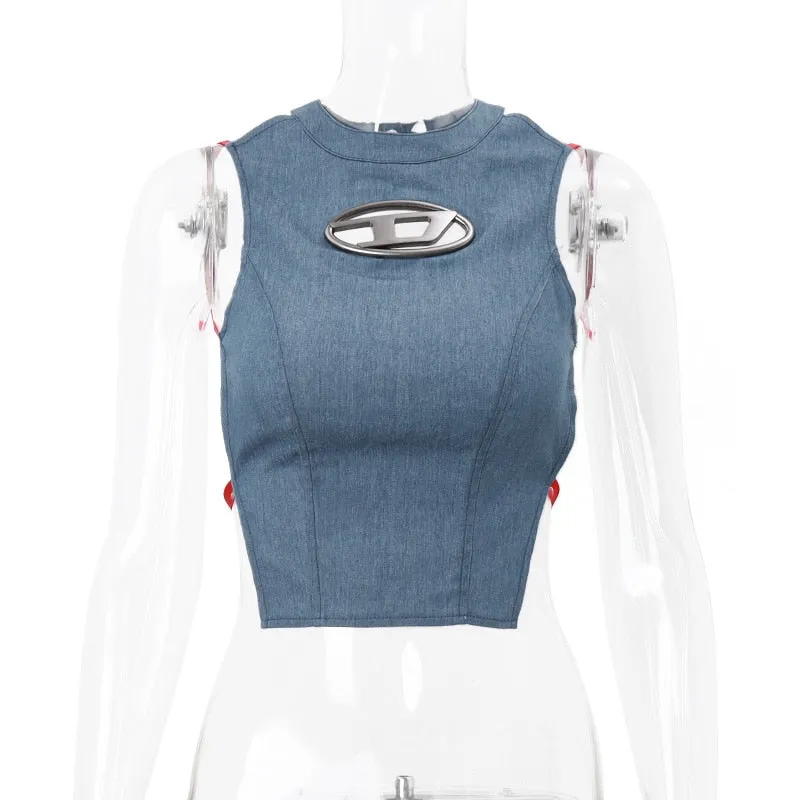 Denim  SLIM  Backless Collar Crop Tops