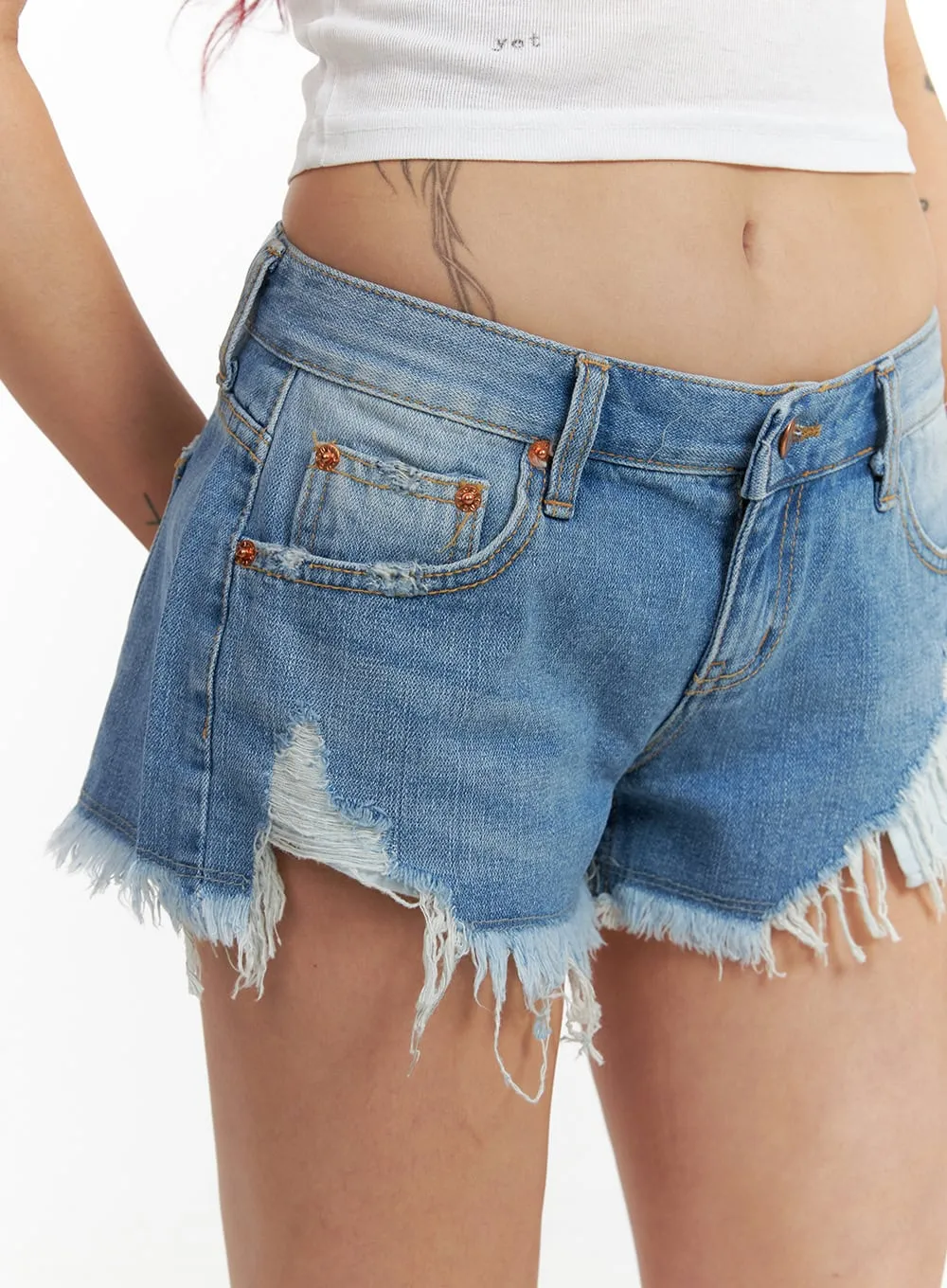Destroyed Hem Denim Mini Shorts CY430