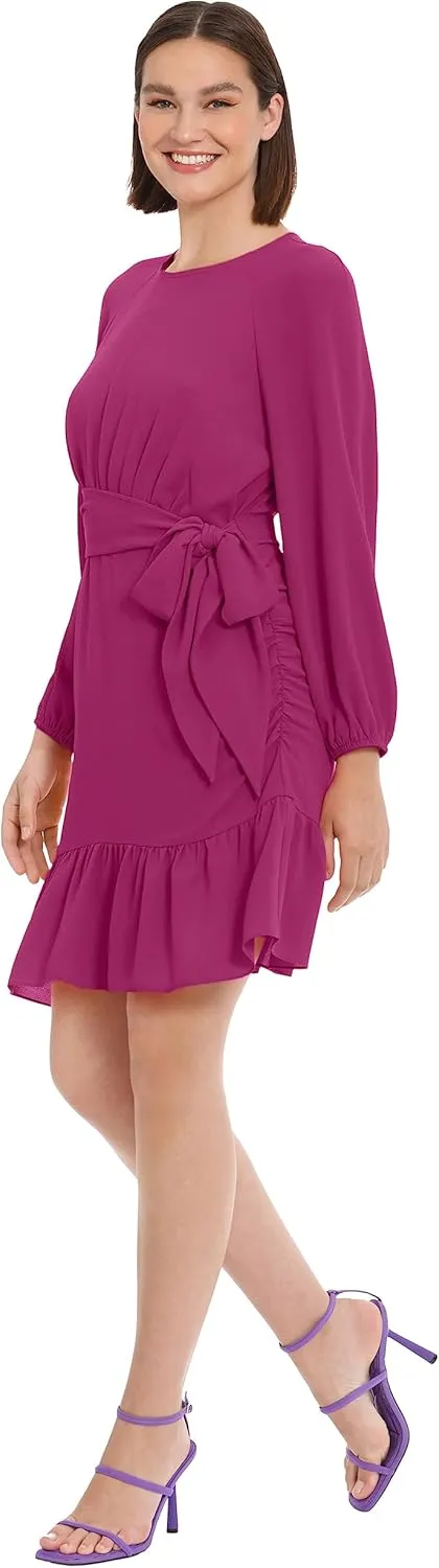 Donna Morgan Women's Long Sleeve Asymmetrical Hem Flounce Dress with Waist Tie Event Party Occasion Guest of