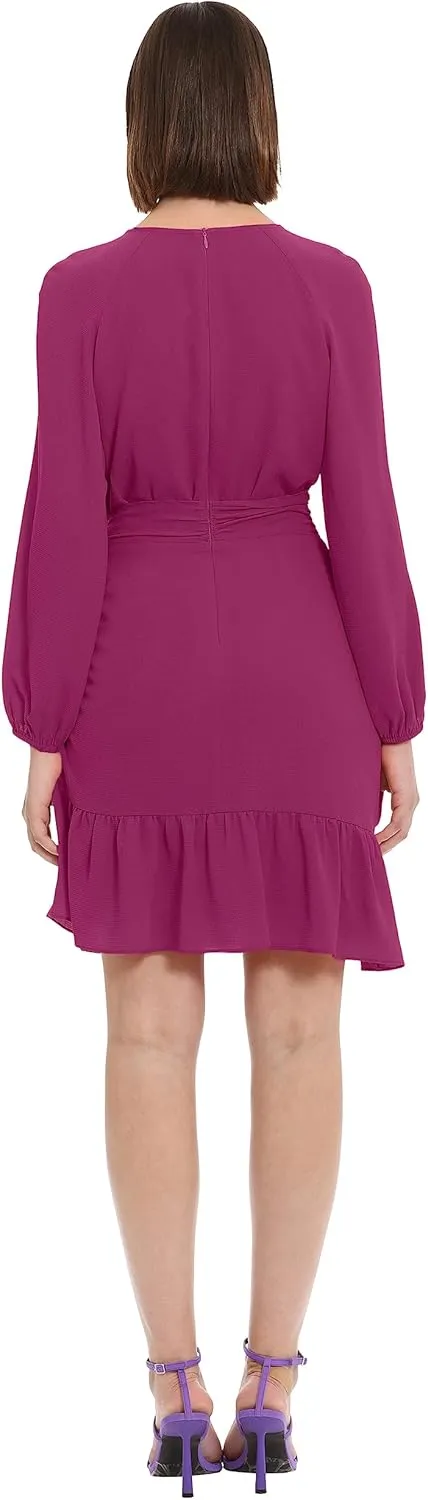 Donna Morgan Women's Long Sleeve Asymmetrical Hem Flounce Dress with Waist Tie Event Party Occasion Guest of