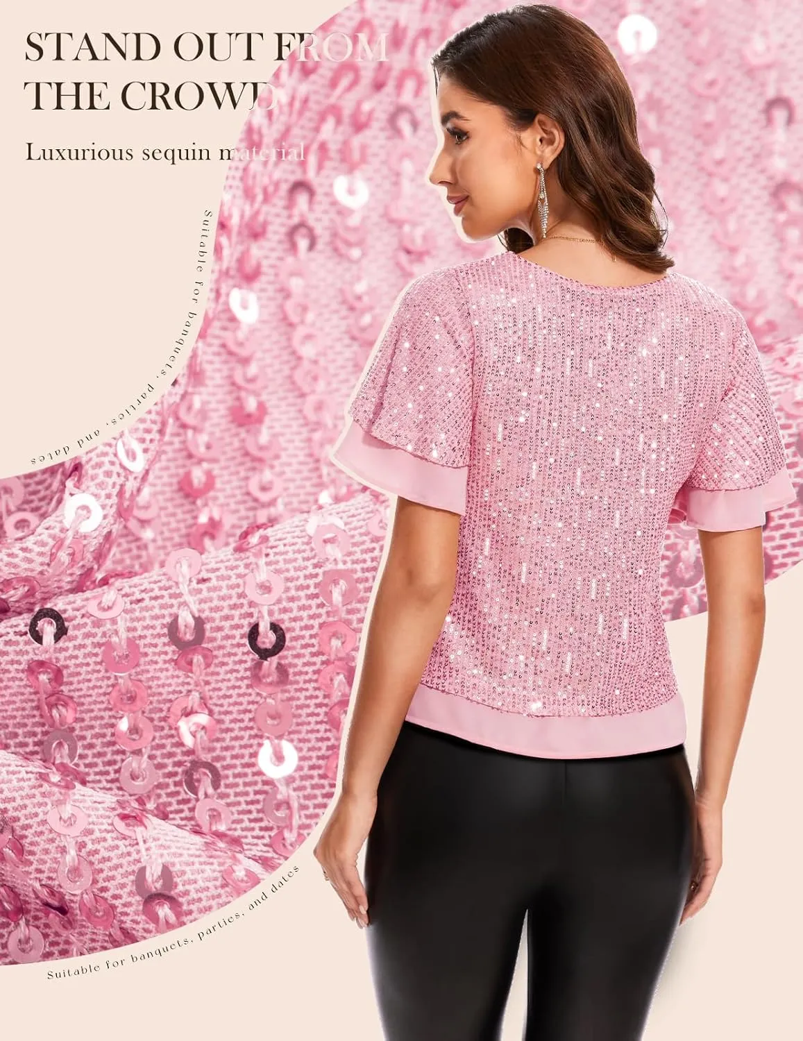 DRESSTELLS Women's Sparkly Sequin Tops, Glitter Party Cocktail Blouse, Ruffle Evening Club Concert Shirts