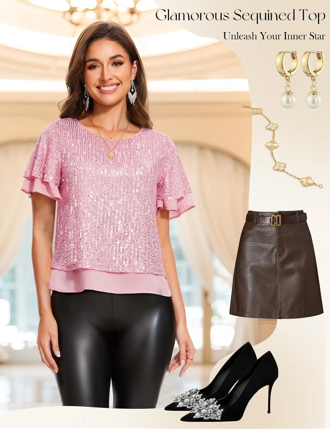 DRESSTELLS Women's Sparkly Sequin Tops, Glitter Party Cocktail Blouse, Ruffle Evening Club Concert Shirts