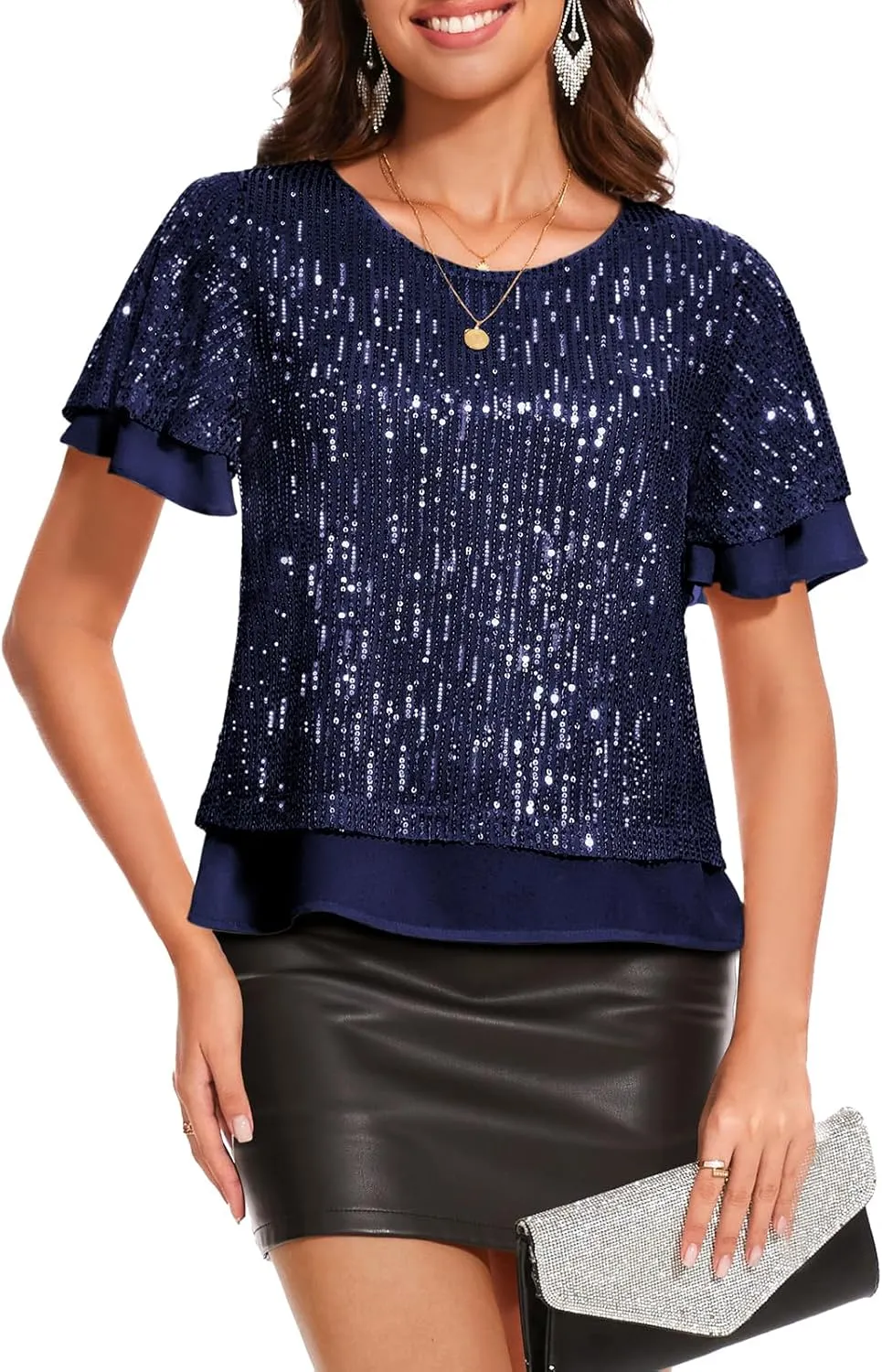 DRESSTELLS Women's Sparkly Sequin Tops, Glitter Party Cocktail Blouse, Ruffle Evening Club Concert Shirts
