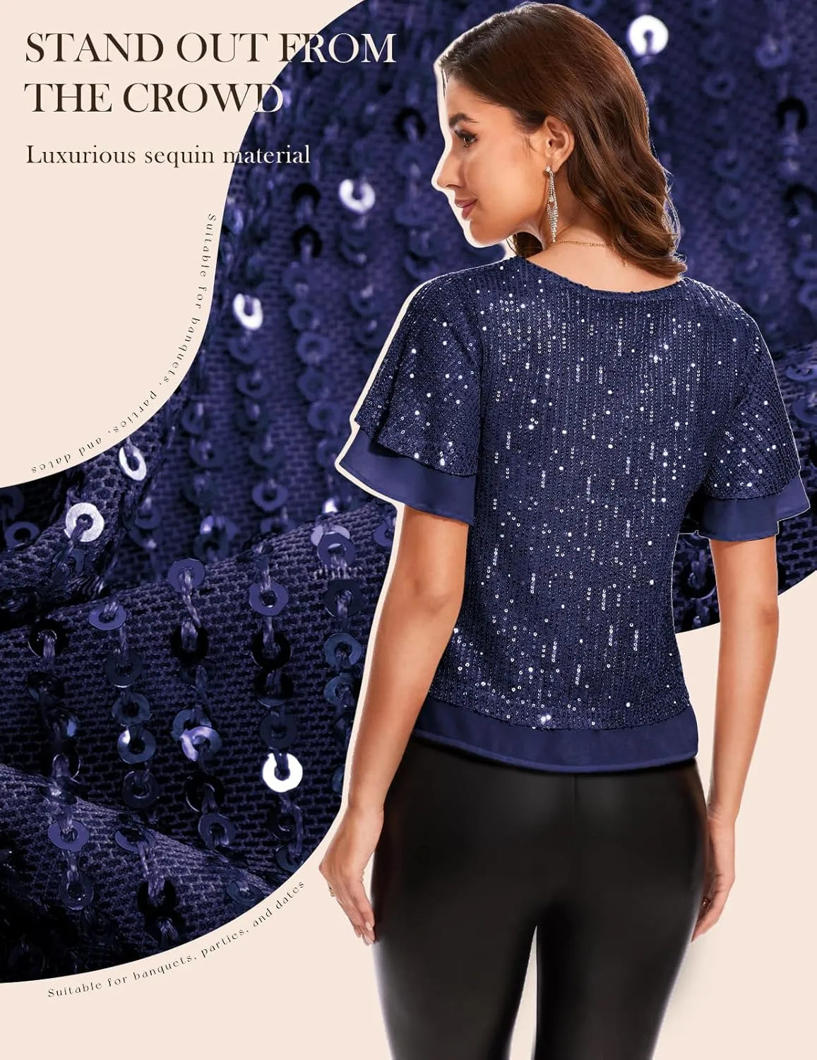 DRESSTELLS Women's Sparkly Sequin Tops, Glitter Party Cocktail Blouse, Ruffle Evening Club Concert Shirts