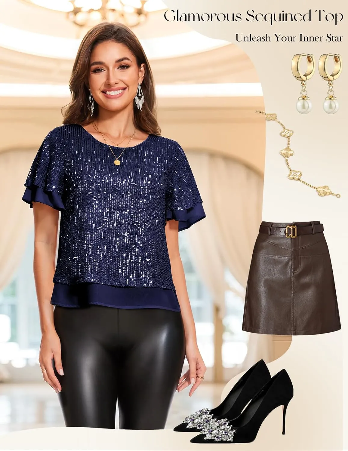 DRESSTELLS Women's Sparkly Sequin Tops, Glitter Party Cocktail Blouse, Ruffle Evening Club Concert Shirts