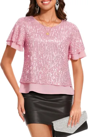 DRESSTELLS Women's Sparkly Sequin Tops, Glitter Party Cocktail Blouse, Ruffle Evening Club Concert Shirts