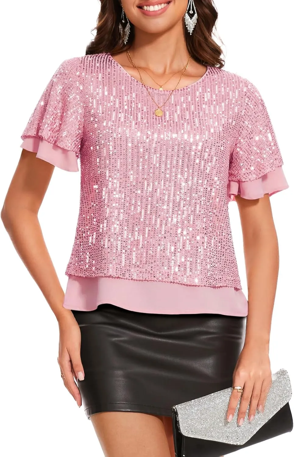 DRESSTELLS Women's Sparkly Sequin Tops, Glitter Party Cocktail Blouse, Ruffle Evening Club Concert Shirts