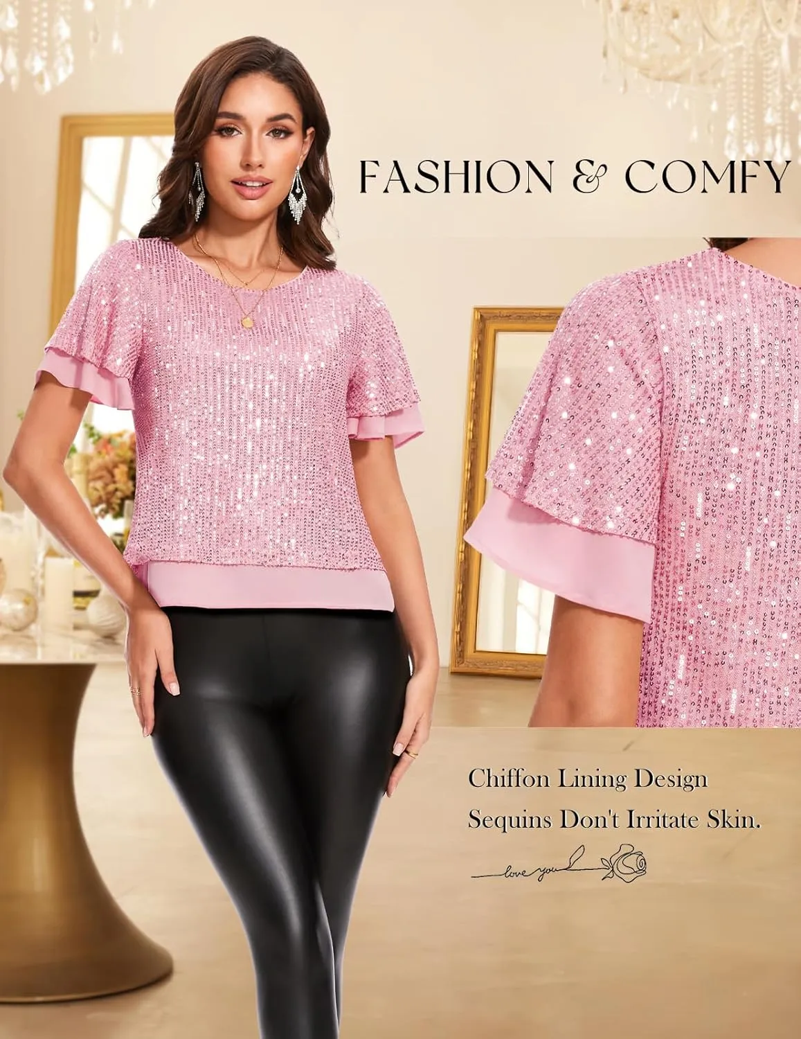 DRESSTELLS Women's Sparkly Sequin Tops, Glitter Party Cocktail Blouse, Ruffle Evening Club Concert Shirts