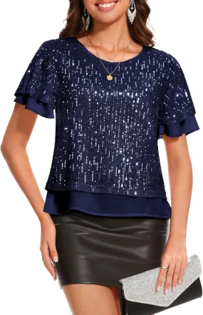 DRESSTELLS Women's Sparkly Sequin Tops, Glitter Party Cocktail Blouse, Ruffle Evening Club Concert Shirts