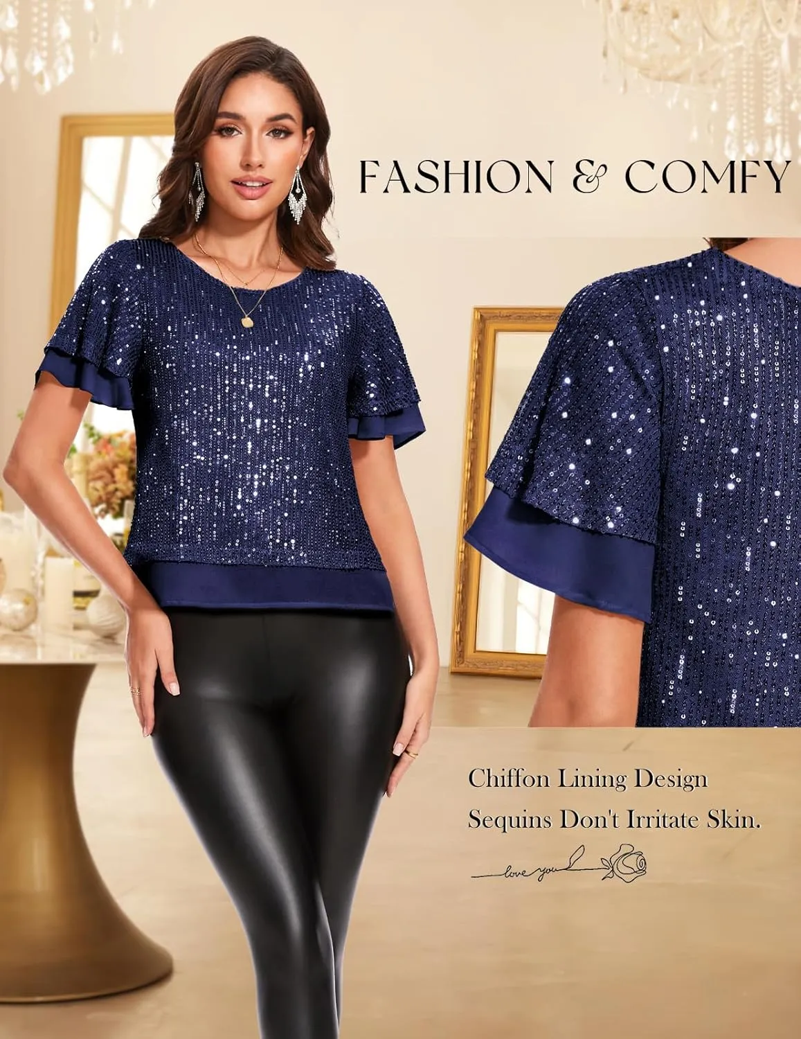 DRESSTELLS Women's Sparkly Sequin Tops, Glitter Party Cocktail Blouse, Ruffle Evening Club Concert Shirts