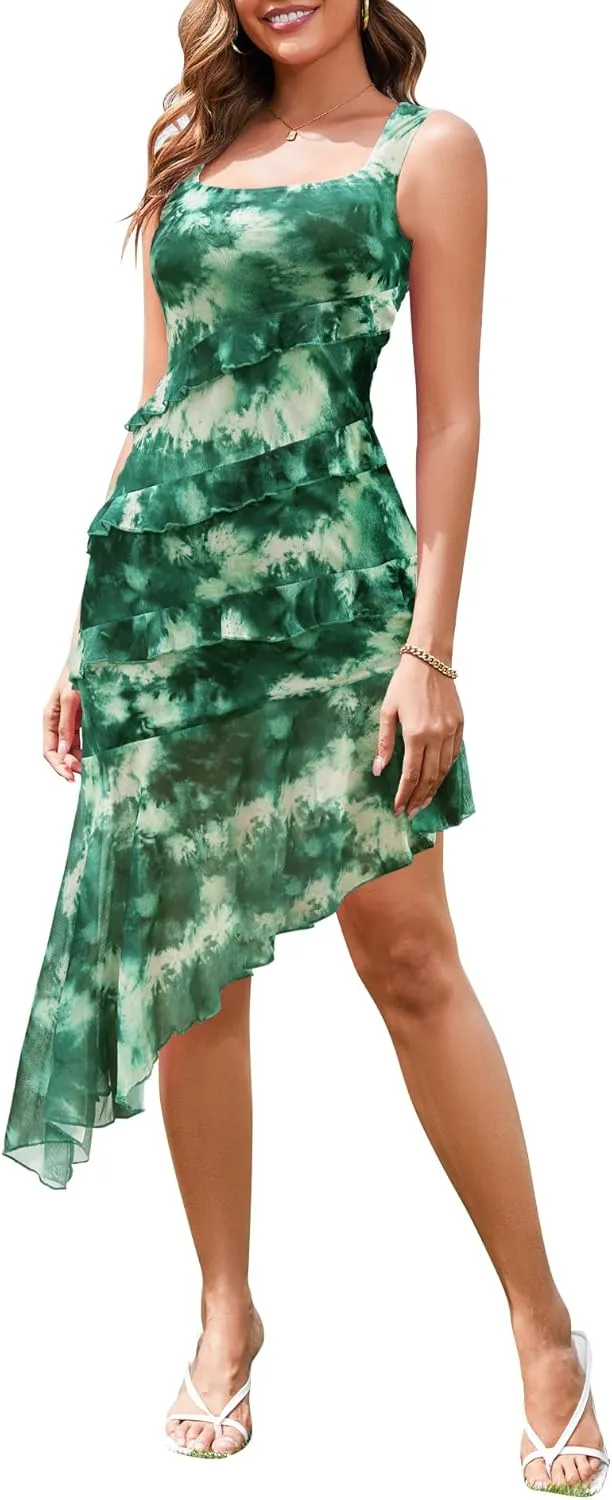 Dressystar Women 2025 Summer Floral Bodycon Dress Square Neck Straps Asymmetrical Ruffle Stretch Mesh Cocktail Party Dresses