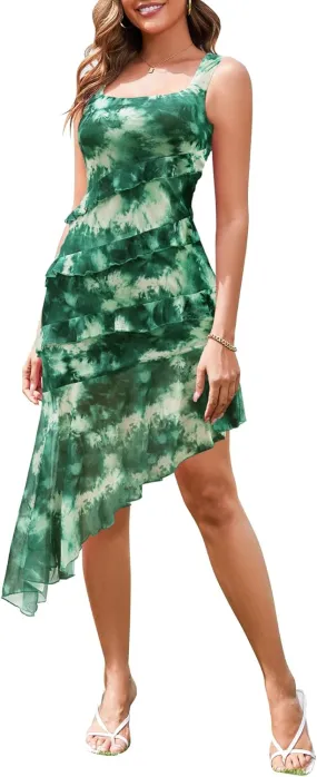 Dressystar Women 2025 Summer Floral Bodycon Dress Square Neck Straps Asymmetrical Ruffle Stretch Mesh Cocktail Party Dresses