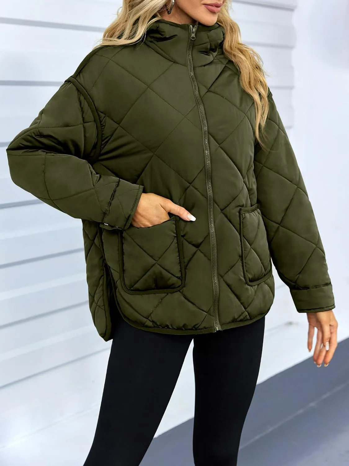 Dyexces Womens Quilted Puffer Jacket Hooded Long Sleeve Zip Up Winter Coat Lightweight Warm Jackets with Pockets