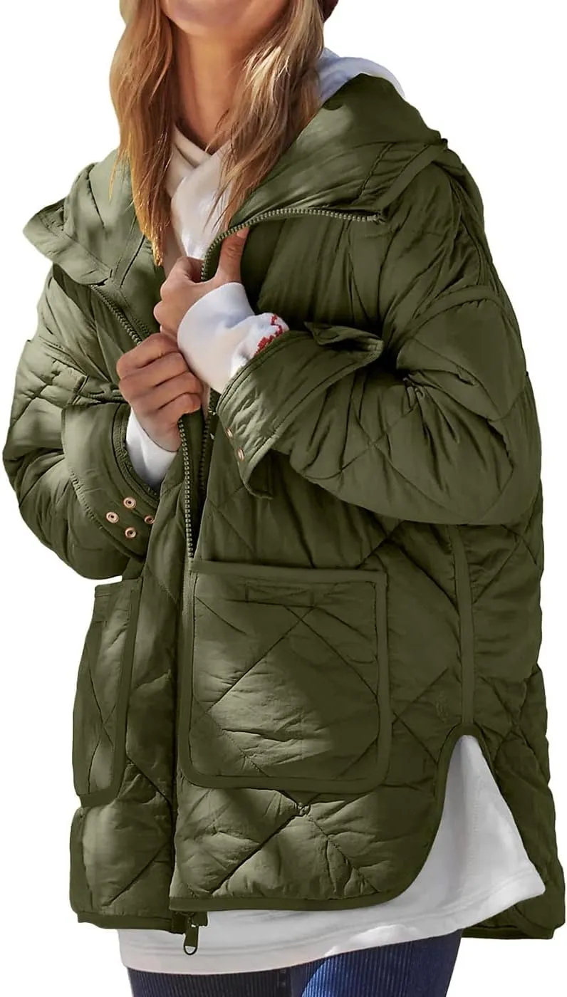 Dyexces Womens Quilted Puffer Jacket Hooded Long Sleeve Zip Up Winter Coat Lightweight Warm Jackets with Pockets