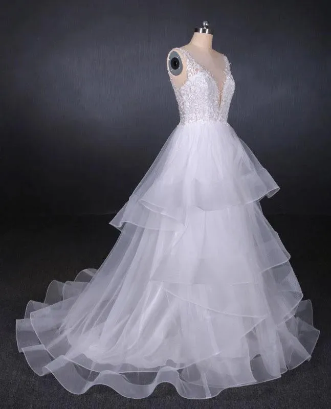 Elegant V-neck Tulle Open Back Wedding Dresses, Asymmetrical Long Bridal Dresses SWK15217