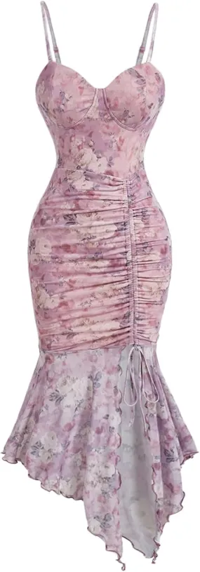 GORGLITTER Women's Drawstring Ruched Floral Ruffle Dress Asymmetrical Spaghetti Strap Cami Dresses