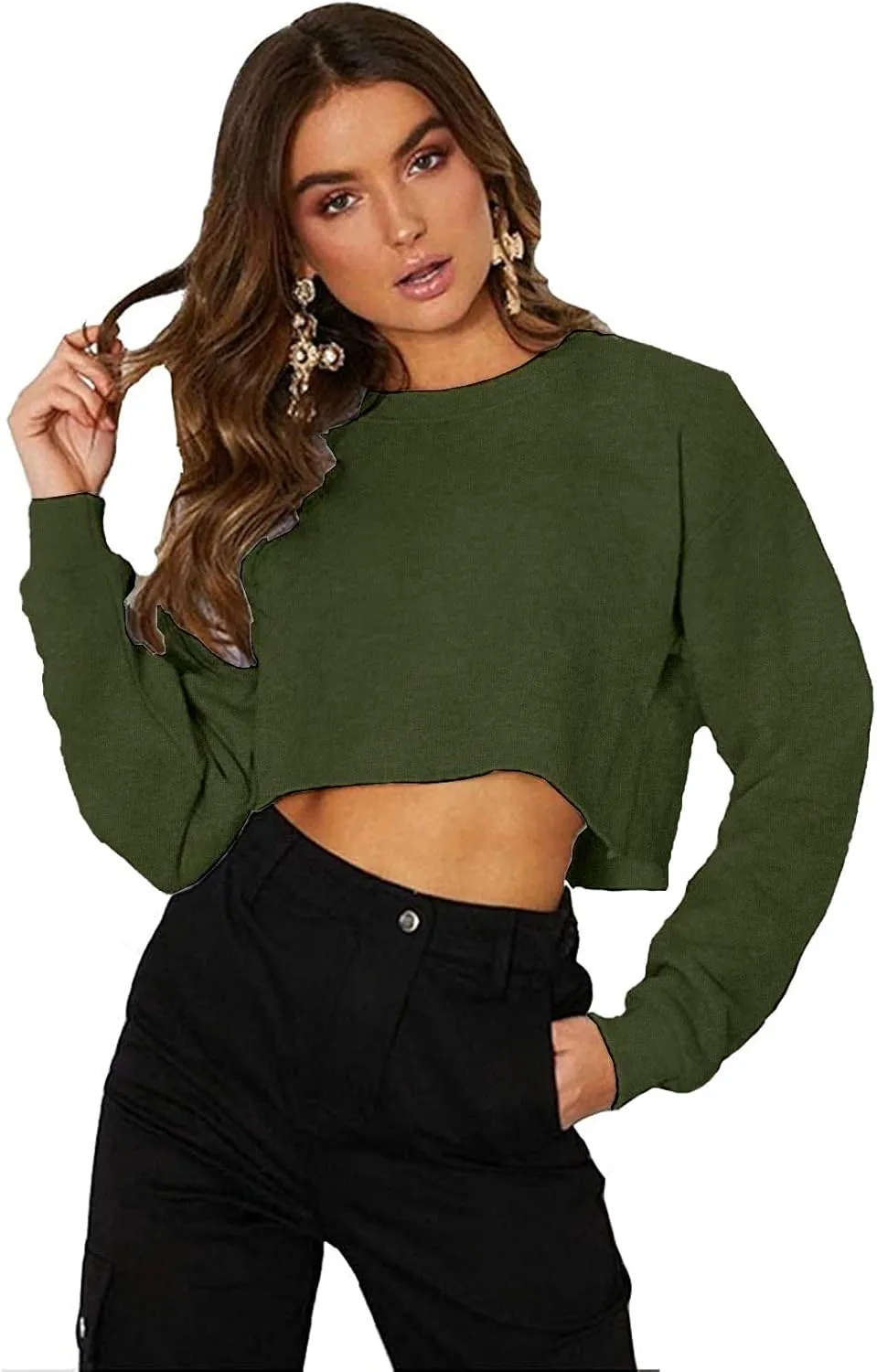 Kyerivs Casual Crop Sweatshirt for Women Crewneck Cropped Shirts Workout Long Sleeve Crop Tops
